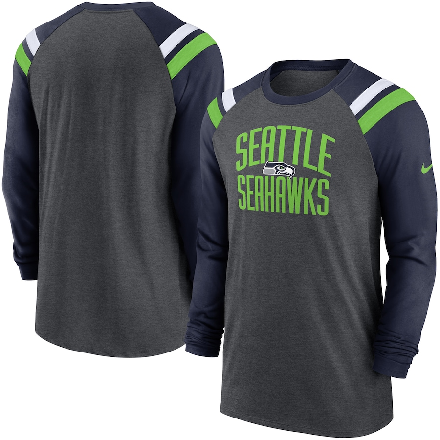 Seattle Seahawks Football Heathered Charcoal/College Navy Tri-Blend Raglan Athletic Long Sleeve Fashion T-Shirt - Man Seattle Seahawks Football Heathered Charcoal/College Navy Tri-Blend Raglan Athletic Long Sleeve Fashion T-Shirt - Man