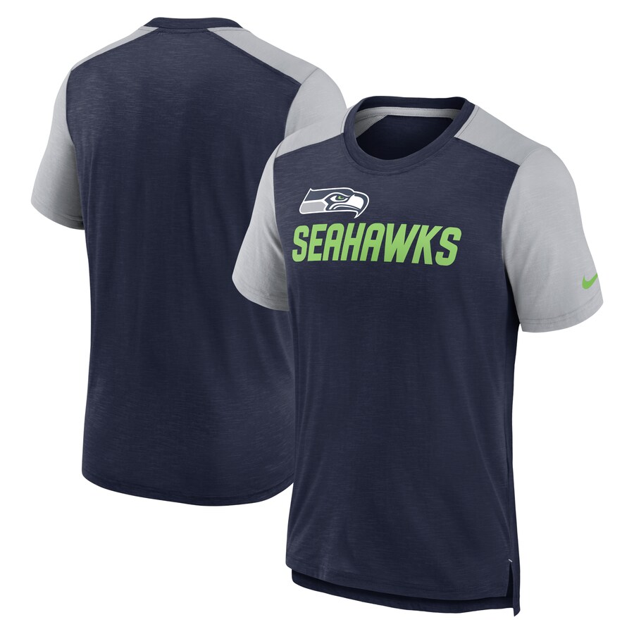 Seattle Seahawks Football Heathered College Navy/Heathered Gray Color Block Team Name T-Shirt - Man Seattle Seahawks Football Heathered College Navy/Heathered Gray Color Block Team Name T-Shirt - Man