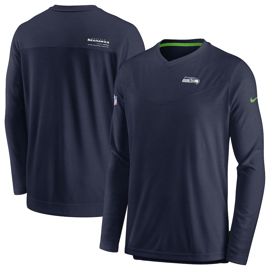 Seattle Seahawks Football Navy Sideline Coach Chevron Lock Up Long Sleeve V-Neck Performance T-Shirt - Man Seattle Seahawks Football Navy Sideline Coach Chevron Lock Up Long Sleeve V-Neck Performance T-Shirt - Man