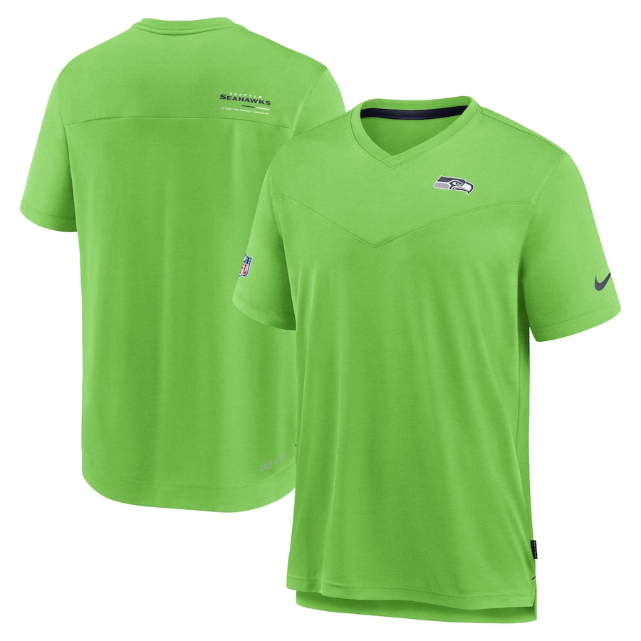 Seattle Seahawks Football Neon Green Sideline Coach Chevron Lock Up Logo V-Neck Performance T-Shirt - Man Seattle Seahawks Football Neon Green Sideline Coach Chevron Lock Up Logo V-Neck Performance T-Shirt - Man