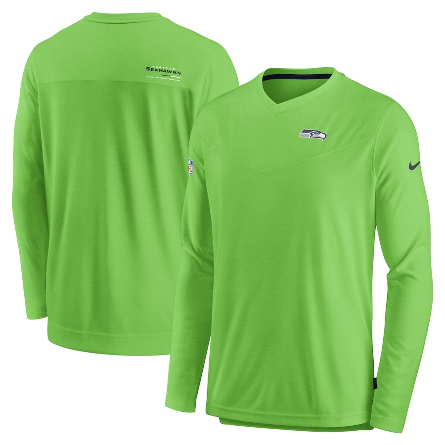 Seattle Seahawks Football Neon Green Sideline Coach Chevron Lock Up Long Sleeve V-Neck Performance T-Shirt - Man Seattle Seahawks Football Neon Green Sideline Coach Chevron Lock Up Long Sleeve V-Neck Performance T-Shirt - Man