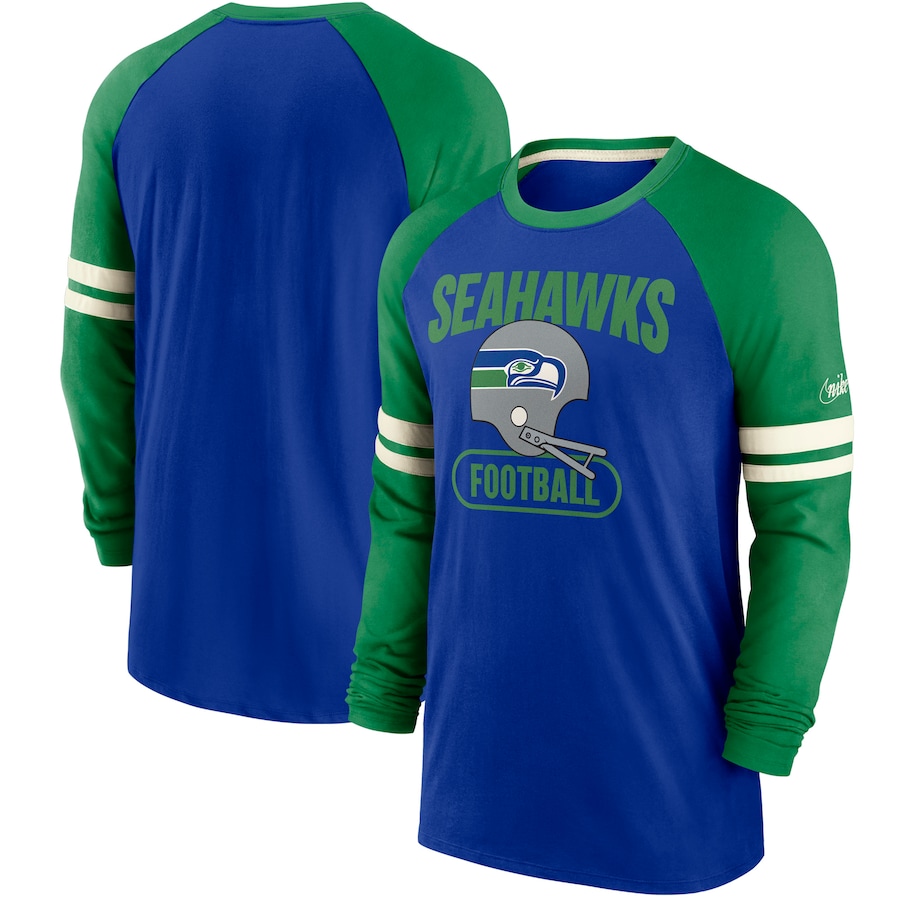 Seattle Seahawks Football Royal/Kelly Green Throwback Raglan Long Sleeve T-Shirt - Man Seattle Seahawks Football Royal/Kelly Green Throwback Raglan Long Sleeve T-Shirt - Man