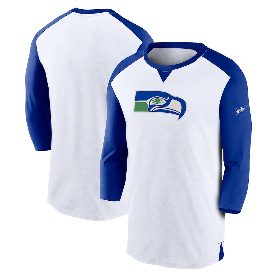 Seattle Seahawks Football White/Royal Rewind 3/4-Sleeve T-Shirt - Man Seattle Seahawks Football White/Royal Rewind 3/4-Sleeve T-Shirt - Man