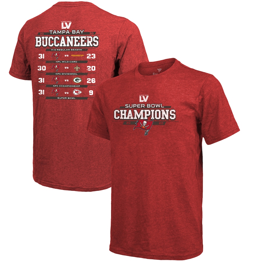 Tampa Bay Buccaneers Red Super Bowl LV Champions Running Back Schedule T-Shirt - Man Tampa Bay Buccaneers Red Super Bowl LV Champions Running Back Schedule T-Shirt - Man