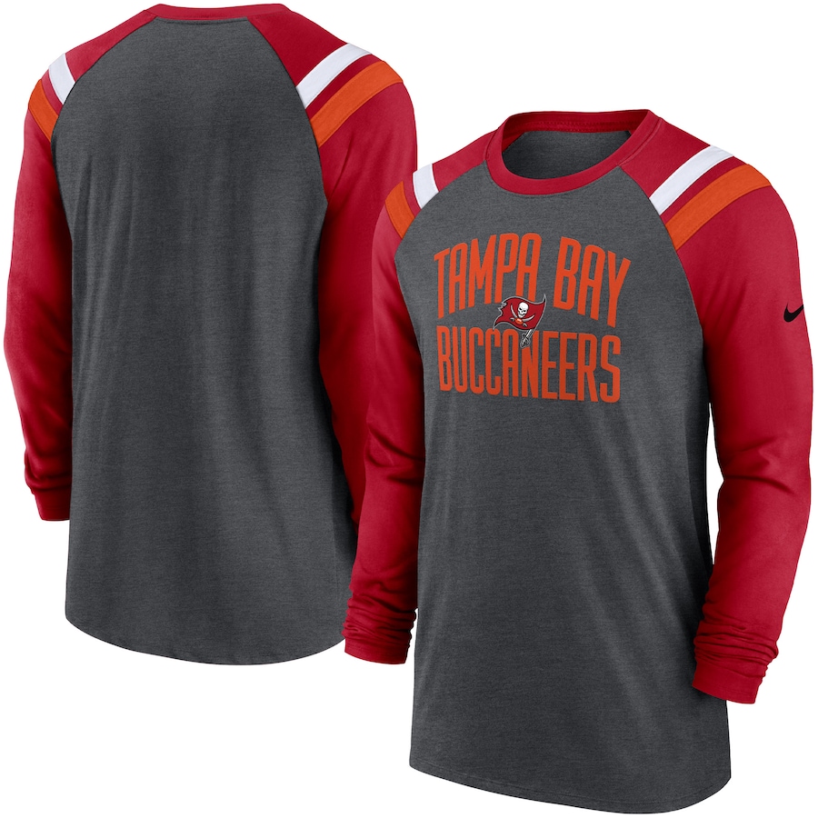 Tampa Bay Buccaneers Football Heathered Charcoal/Red Tri-Blend Raglan Athletic Long Sleeve Fashion T-Shirt - Man Tampa Bay Buccaneers Football Heathered Charcoal/Red Tri-Blend Raglan Athletic Long Sleeve Fashion T-Shirt - Man