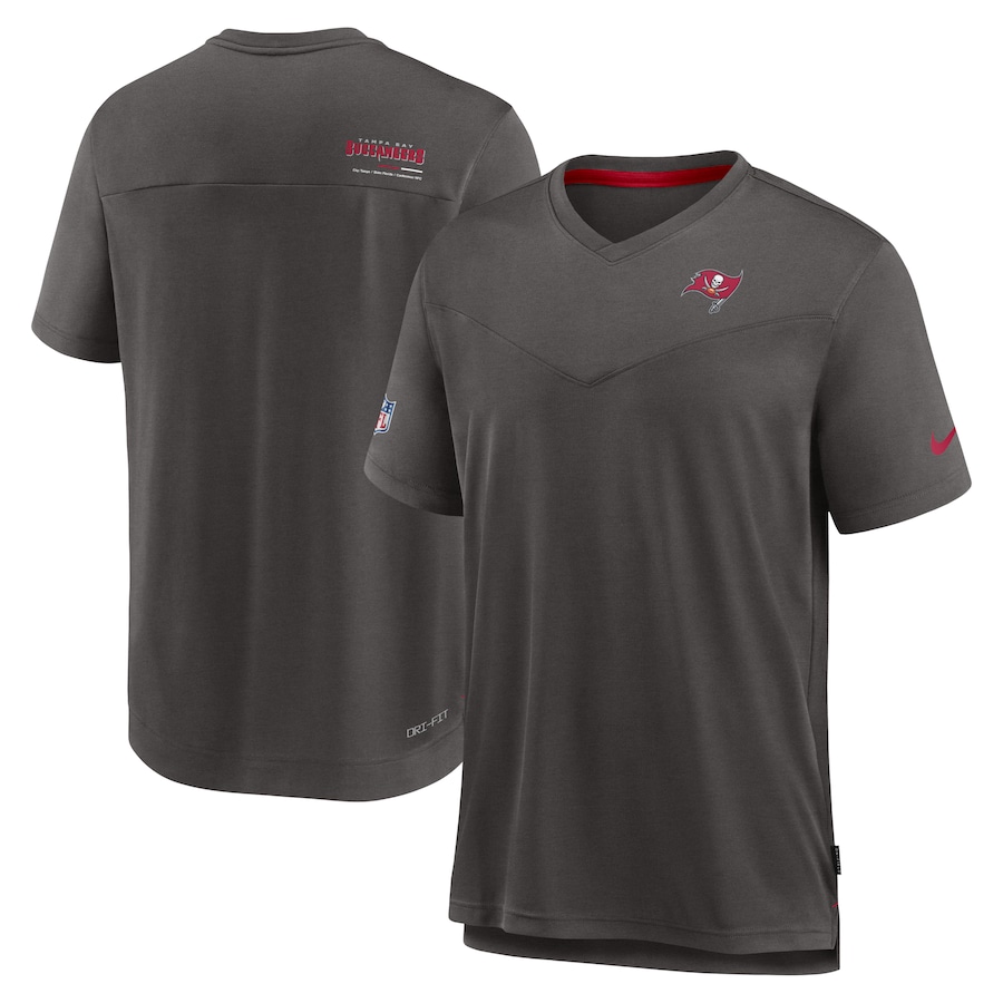 Tampa Bay Buccaneers Football Pewter Sideline Coach Chevron Lock Up Logo V-Neck Performance T-Shirt - Man Tampa Bay Buccaneers Football Pewter Sideline Coach Chevron Lock Up Logo V-Neck Performance T-Shirt - Man