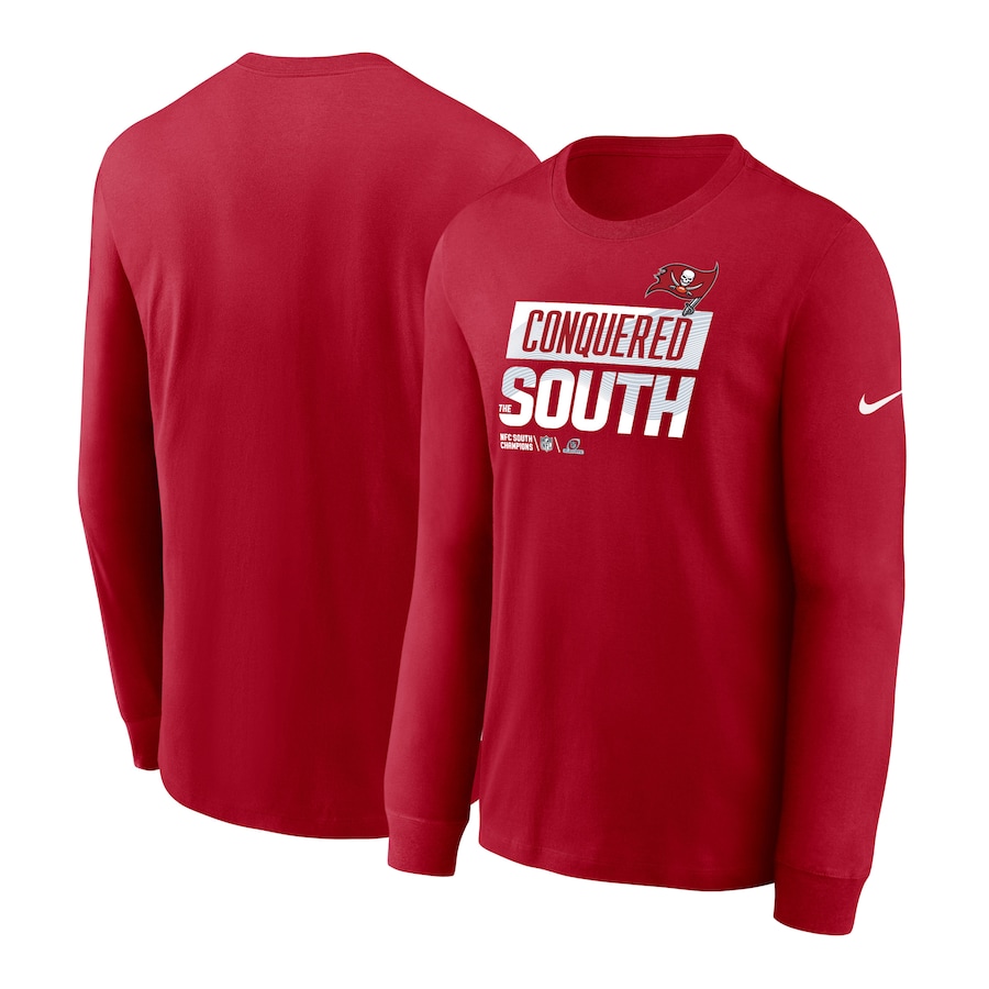 Tampa Bay Buccaneers Football Red 2022 NFC South Division Champions Locker Room Trophy Collection Long Sleeve T-Shirt - Man Tampa Bay Buccaneers Football Red 2022 NFC South Division Champions Locker Room Trophy Collection Long Sleeve T-Shirt - Man
