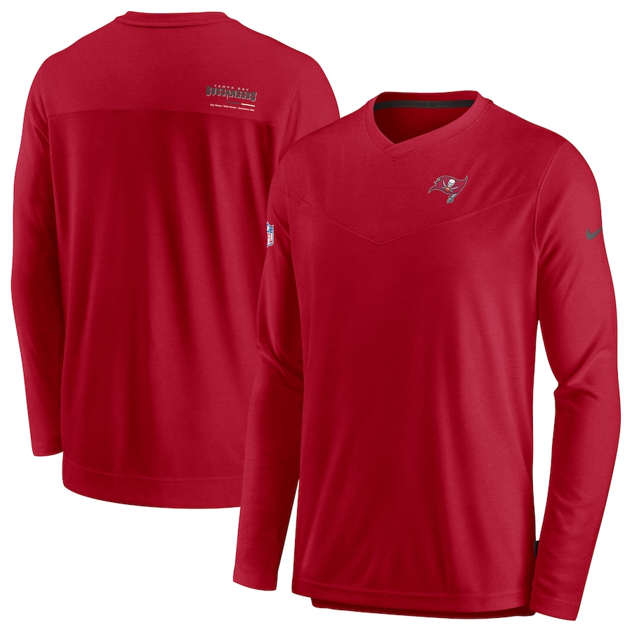 Tampa Bay Buccaneers Football Red Sideline Coach Chevron Lock Up Long Sleeve V-Neck Performance T-Shirt - Man Tampa Bay Buccaneers Football Red Sideline Coach Chevron Lock Up Long Sleeve V-Neck Performance T-Shirt - Man