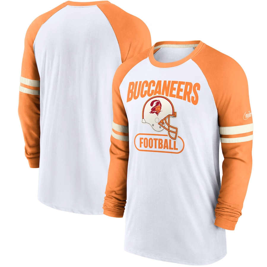 Tampa Bay Buccaneers Football White/Orange Throwback Raglan Long Sleeve T-Shirt - Man Tampa Bay Buccaneers Football White/Orange Throwback Raglan Long Sleeve T-Shirt - Man