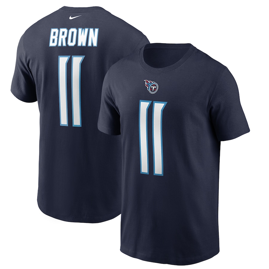 Tennessee Titans AJ Brown Football Navy Player Name & Number T-Shirt - Man Tennessee Titans AJ Brown Football Navy Player Name & Number T-Shirt - Man