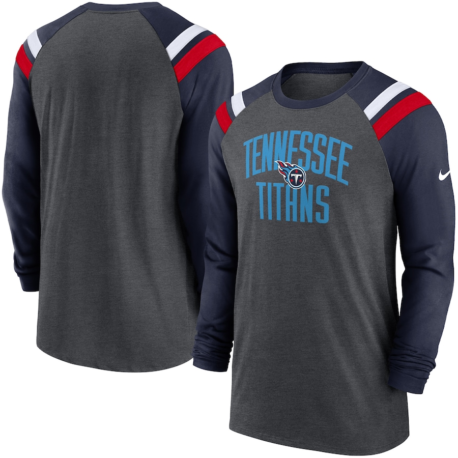 Tennessee Titans Football Heathered Charcoal/Navy Tri-Blend Raglan Athletic Long Sleeve Fashion T-Shirt - Man Tennessee Titans Football Heathered Charcoal/Navy Tri-Blend Raglan Athletic Long Sleeve Fashion T-Shirt - Man