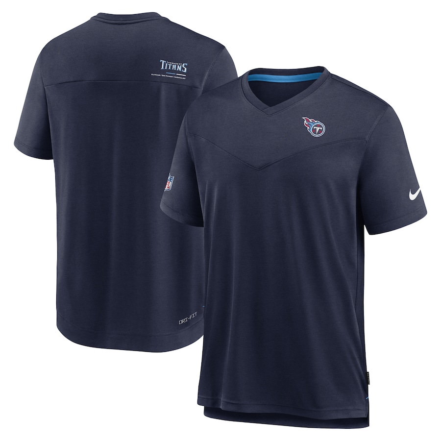 Tennessee Titans Football Navy Sideline Coach Chevron Lock Up Logo V-Neck Performance T-Shirt - Man Tennessee Titans Football Navy Sideline Coach Chevron Lock Up Logo V-Neck Performance T-Shirt - Man