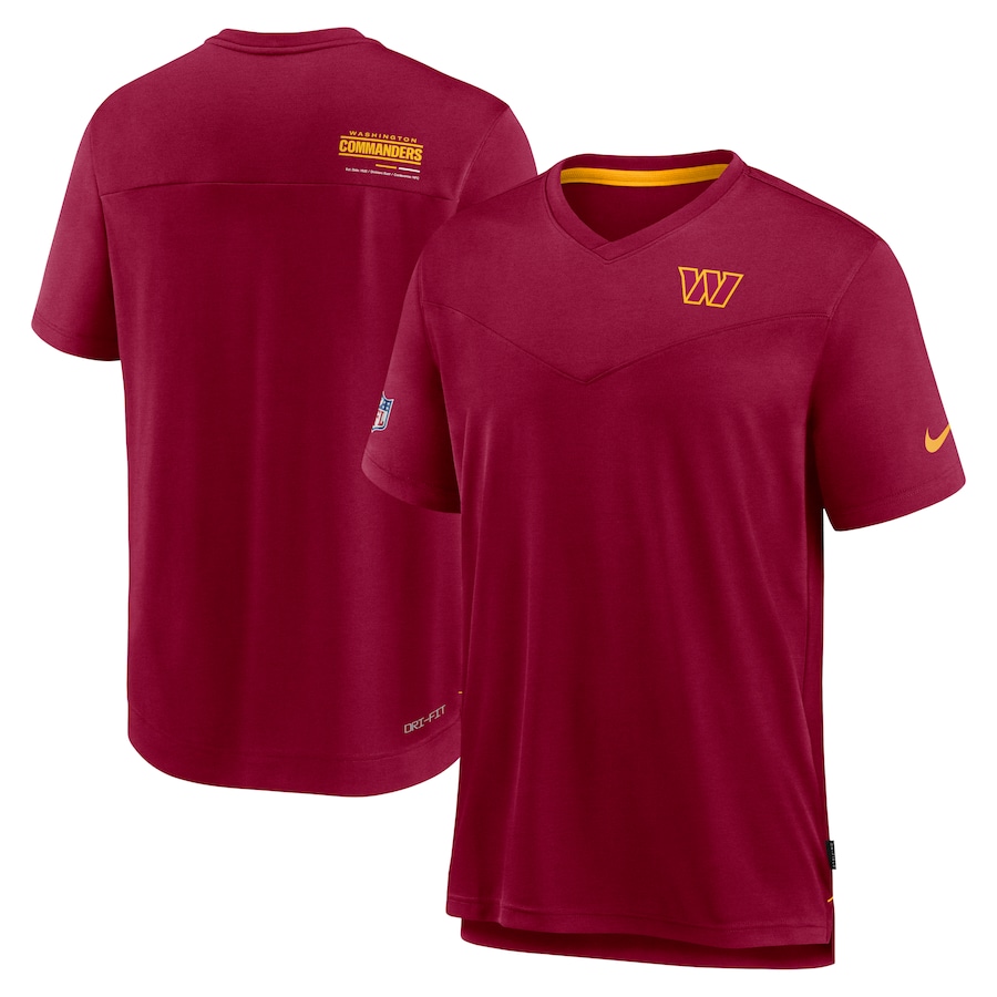 Washington Commanders Football Burgundy Sideline Coach Chevron Lock Up Logo V-Neck Performance T-Shirt - Man Washington Commanders Football Burgundy Sideline Coach Chevron Lock Up Logo V-Neck Performance T-Shirt - Man