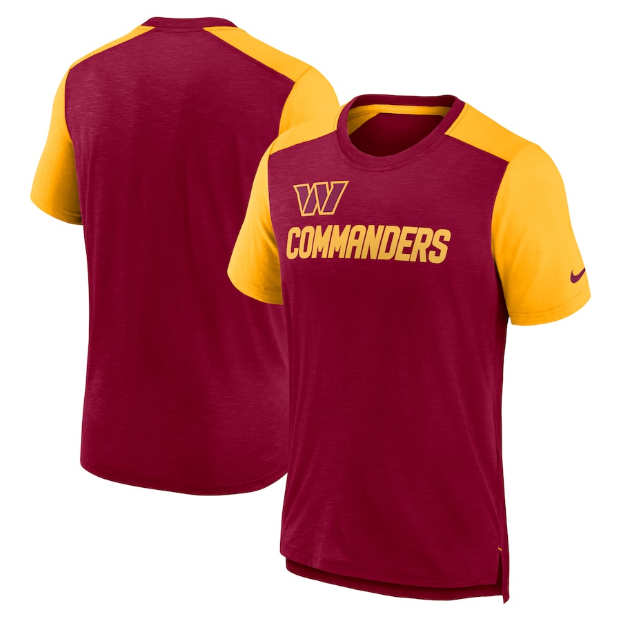 Washington Commanders Football Heathered Burgundy/Heathered Gold Color Block Team Name T-Shirt - Man Washington Commanders Football Heathered Burgundy/Heathered Gold Color Block Team Name T-Shirt - Man