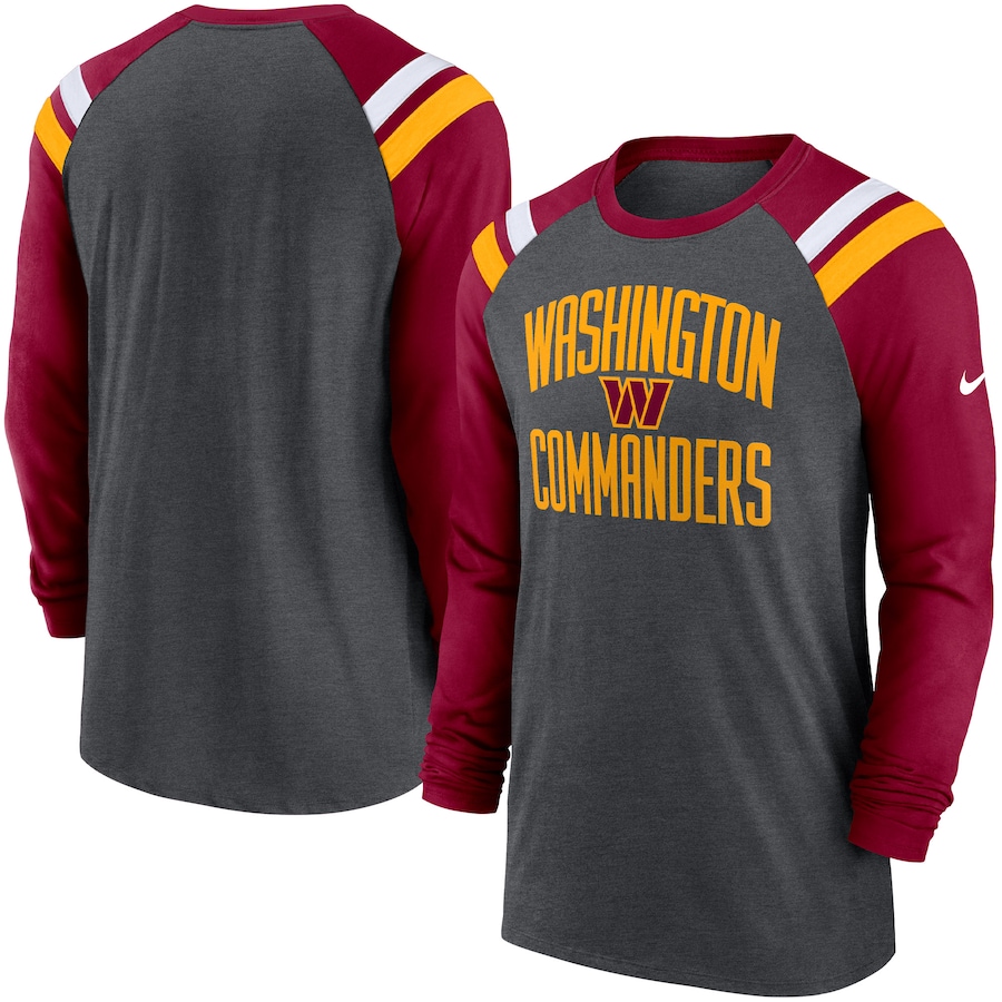 Washington Commanders Football Heathered Charcoal/Burgundy Tri-Blend Raglan Athletic Long Sleeve Fashion T-Shirt - Man Washington Commanders Football Heathered Charcoal/Burgundy Tri-Blend Raglan Athletic Long Sleeve Fashion T-Shirt - Man