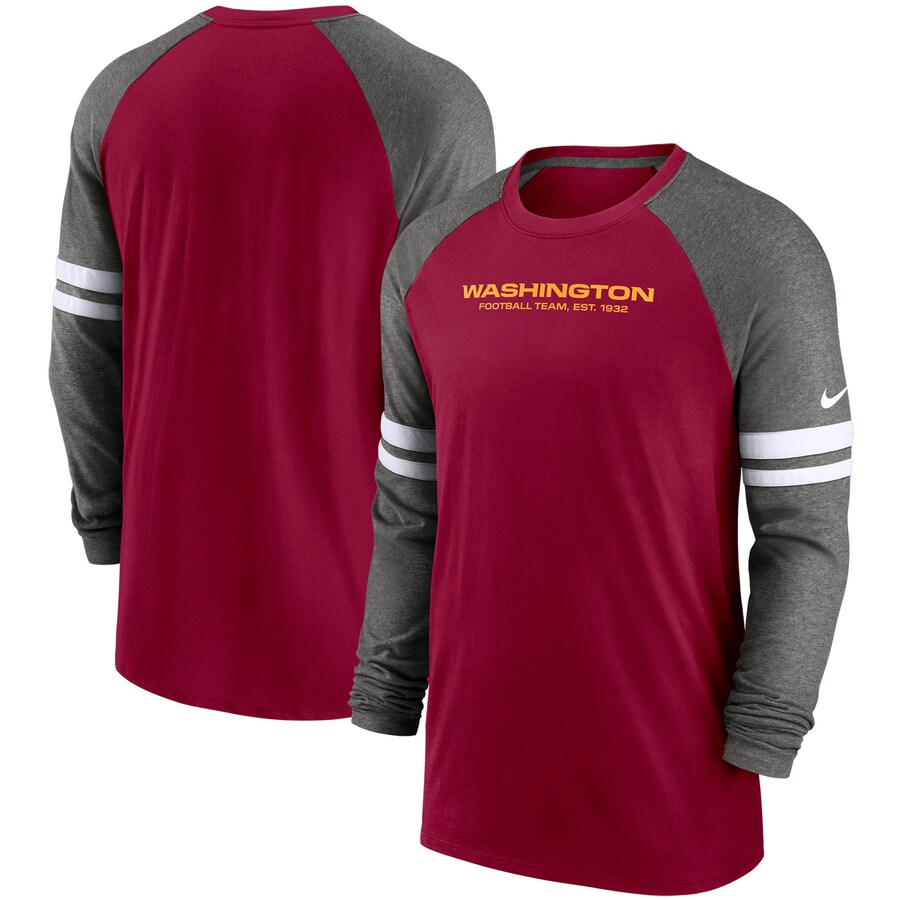 Washington Football Team Football Burgundy/Charcoal Performance Raglan Long Sleeve T-Shirt - Man Washington Football Team Football Burgundy/Charcoal Performance Raglan Long Sleeve T-Shirt - Man