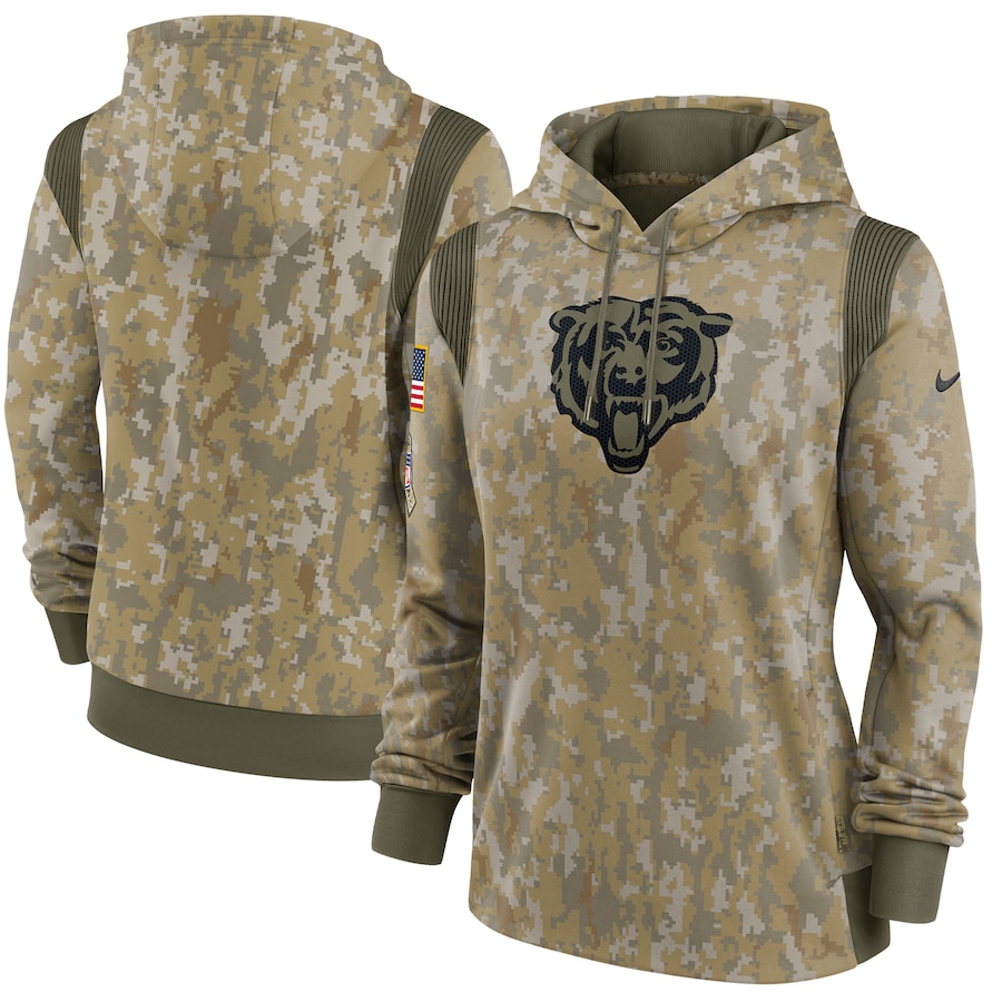 Chicago Bears Football Olive 2021 Salute To Service Therma Performance Pullover Hoodie - Woman