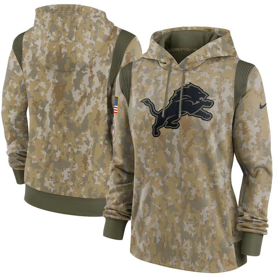 Detroit Lions Football Olive 2021 Salute To Service Therma Performance Pullover Hoodie - Woman