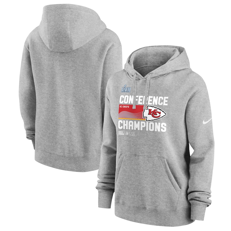 Kansas City Chiefs Football Heather Gray 2022 AFC Champions Locker Room Trophy Collection Pullover Hoodie - Woman Kansas City Chiefs Football Heather Gray 2022 AFC Champions Locker Room Trophy Collection Pullover Hoodie - Woman