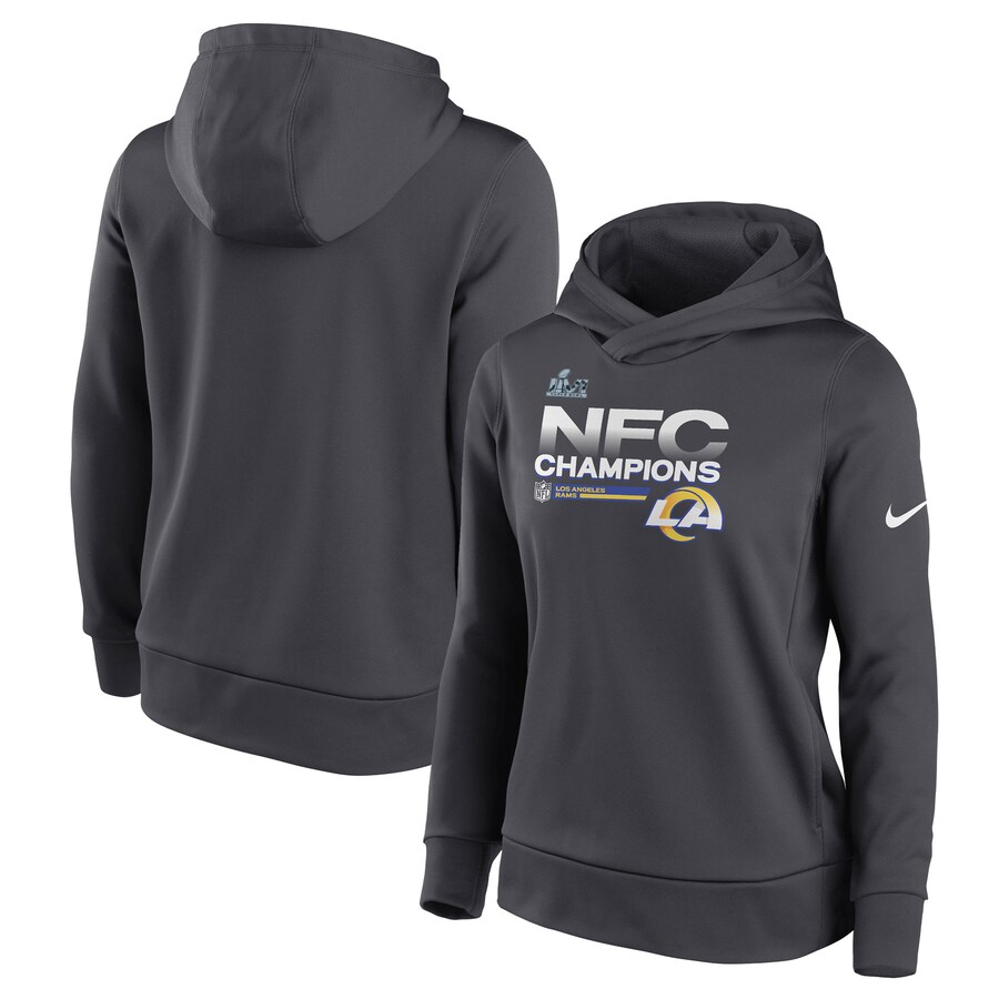 Los Angeles Rams Football Anthracite 2021 NFC Champions Locker Room Trophy Collection Pullover Hoodie - Woman Los Angeles Rams Football Anthracite 2021 NFC Champions Locker Room Trophy Collection Pullover Hoodie - Woman
