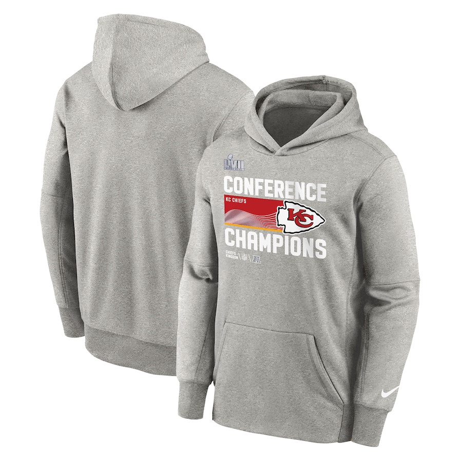Kansas City Chiefs Football Gray 2022 AFC Champions Locker Room Trophy Collection Pullover Hoodie - Youth Boys Kansas City Chiefs Football Gray 2022 AFC Champions Locker Room Trophy Collection Pullover Hoodie - Youth Boys